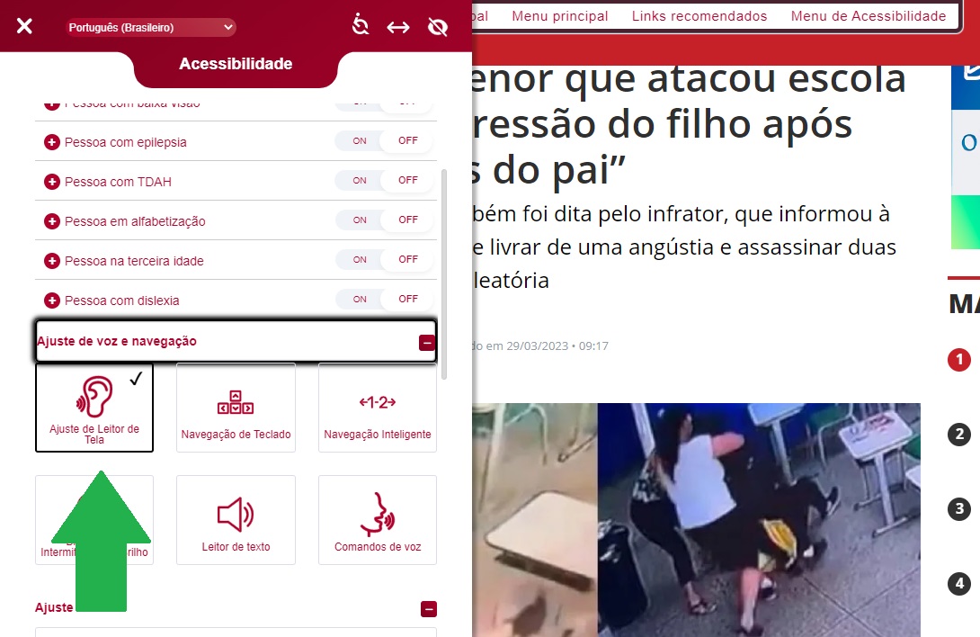 Ajuste do leitor de tela