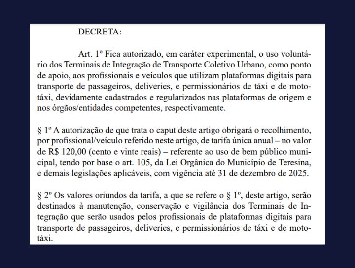 Trecho do decreto municipal que autoriza o uso dos terminais de ônibus por motoristas de aplicativo e taxistas