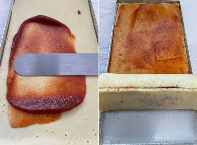 Espalhe a goiabada (foto à esq). Depois, una a camada anterior com a camada que saiu do forno.