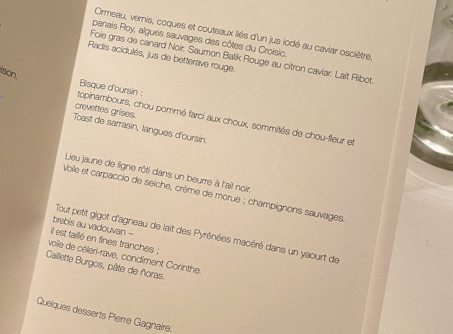 Cardápio do restaurante do chef Pierre Gagnaire (Foto: Divulgação/Eduardo Prado)