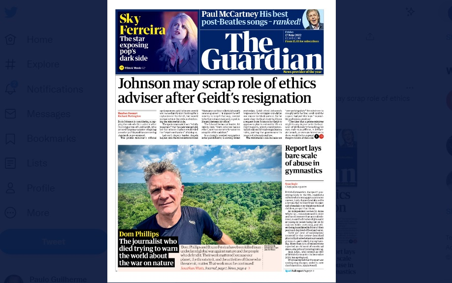 Capa do 'The Guardian' mostra Dom Phillips: 'Morreu tentando alertar o mundo'